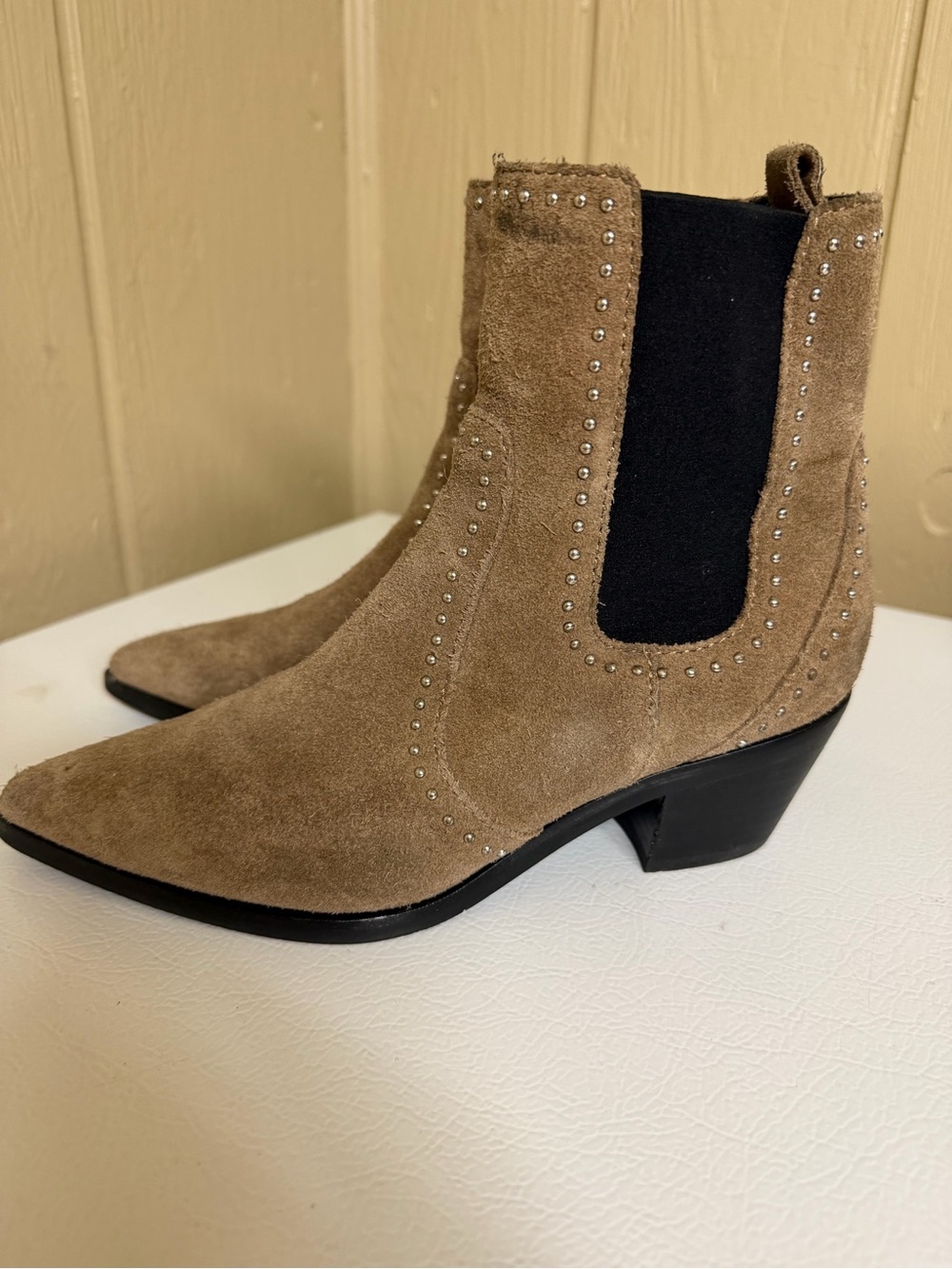 PAIGE Suede Studded Chelsea Ankle Boots in Taupe